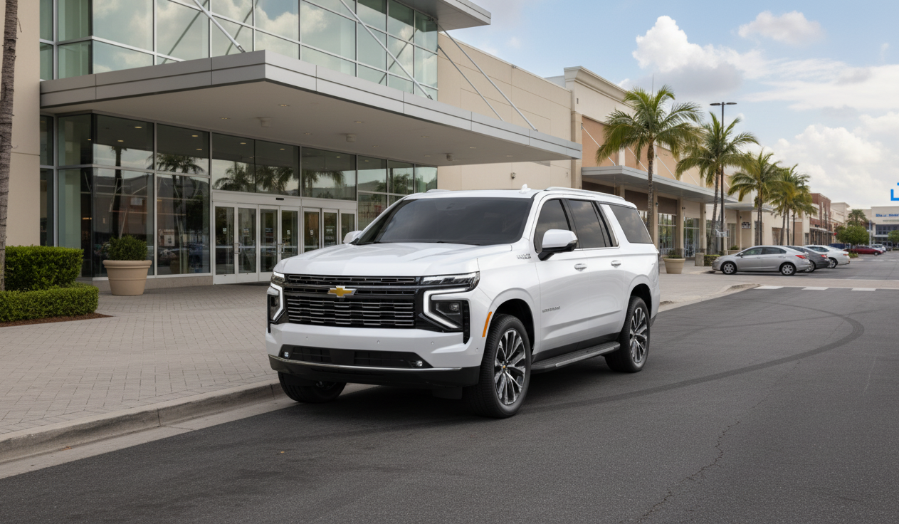Golden Chevrolet Suburban SUV parked on scenic mountain road at sunset.