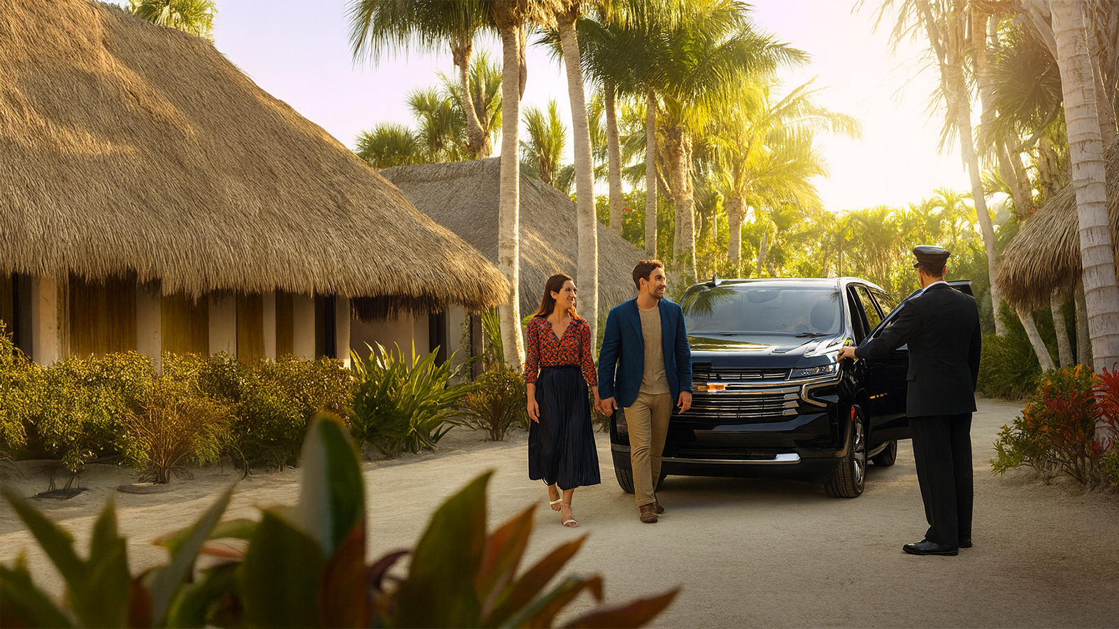 Elegant couple walking from black SUV with chauffeur at tropical resort